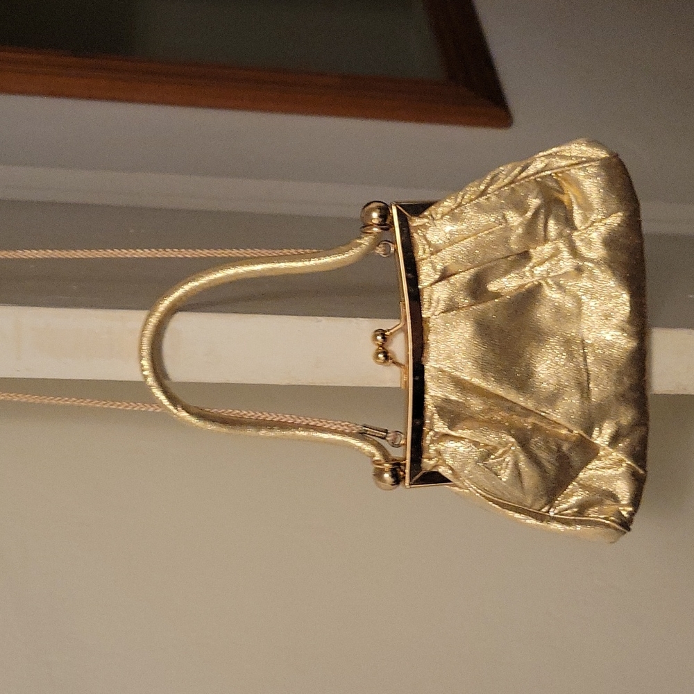 Satin Metallic Gold Wristlet Clutch Bag 5" X 8" shoulder strap 24"